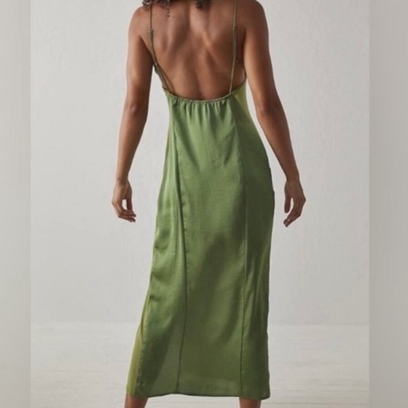 FREE PEOPLE Intimately City Cool Midi Slip Dress Olive Satin Sheer Khaki Green L - Picture 4 of 10